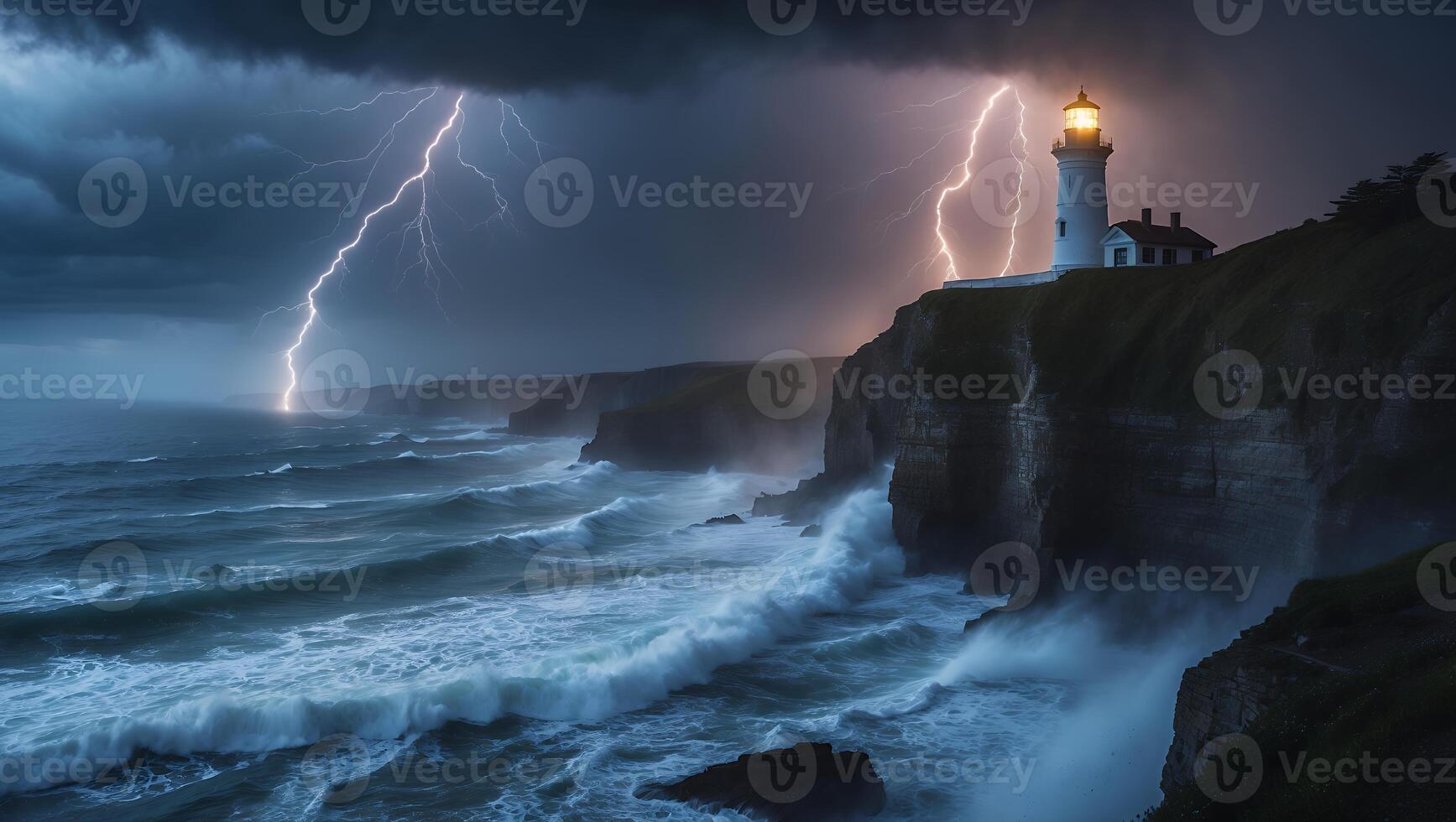 Lighthouse on Cliff During Storm with Lightning and Crashing Waves photo
