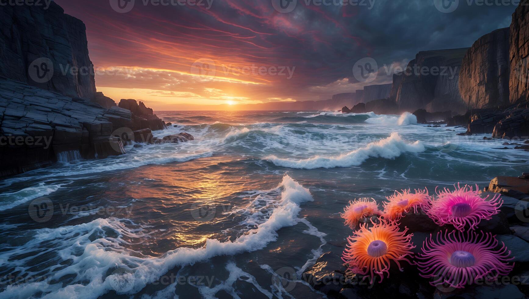Ocean Waves Crashing on Rocky Coastline with Colorful Sunset Sky photo