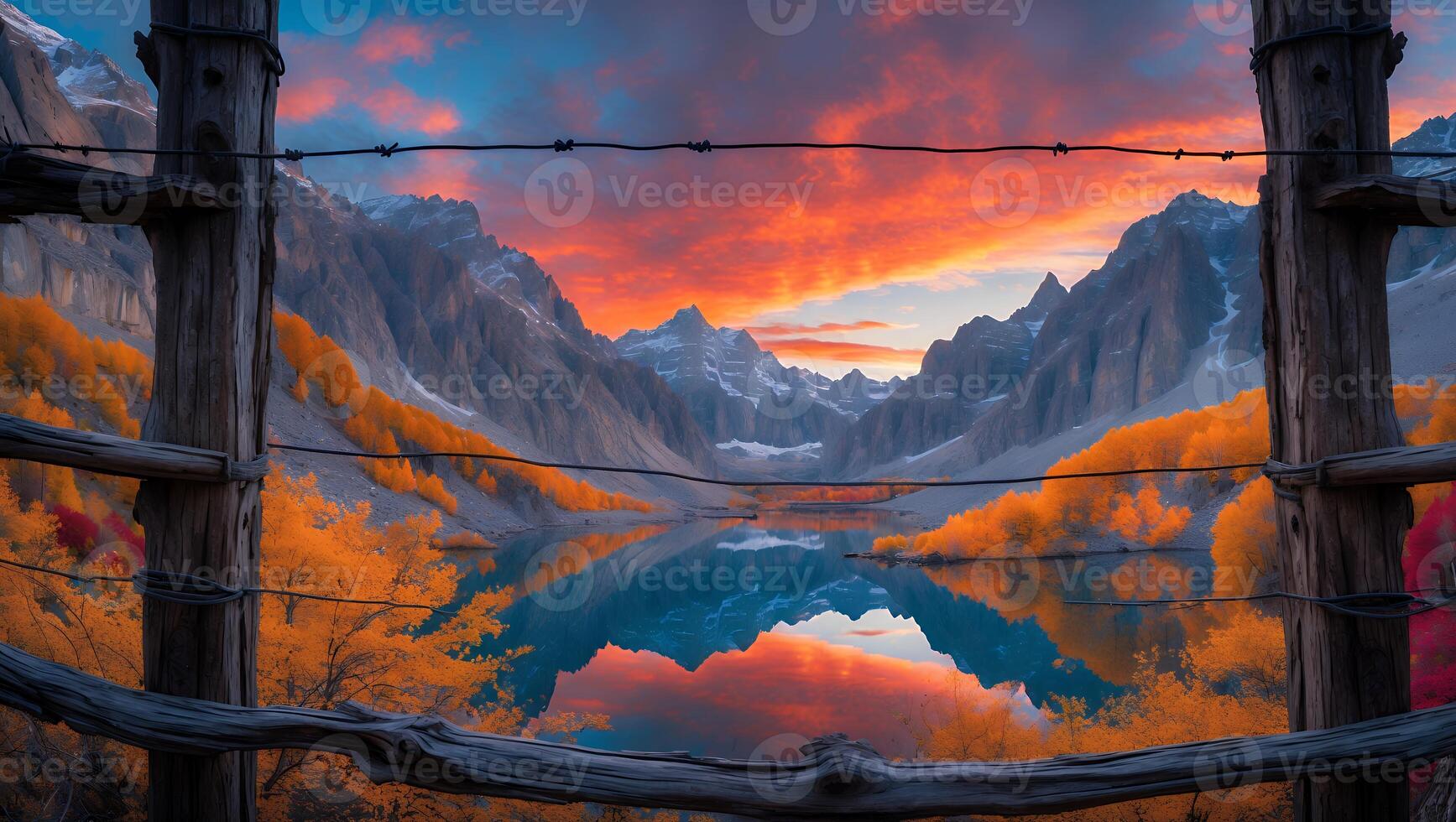 Reflecting Mountain Lake at Dusk Framed by Old Wooden Fence photo