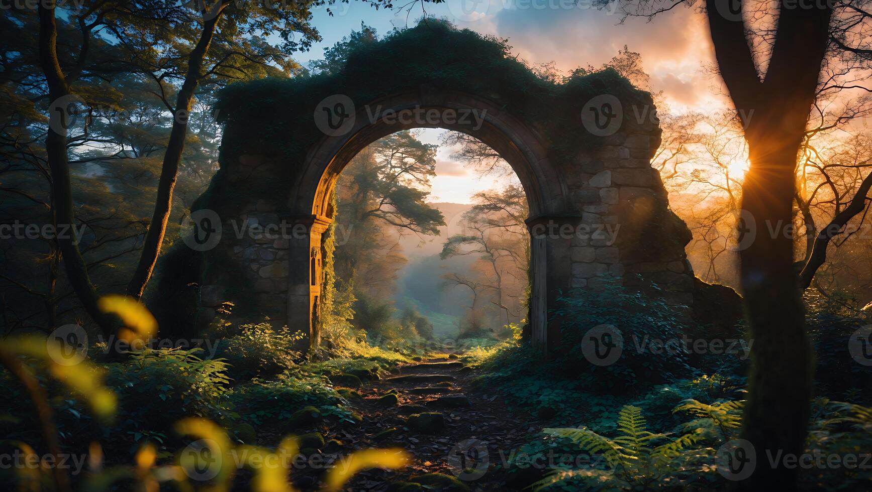 Stone Archway Leading Into Forest Path with Sunlight and Ferns photo