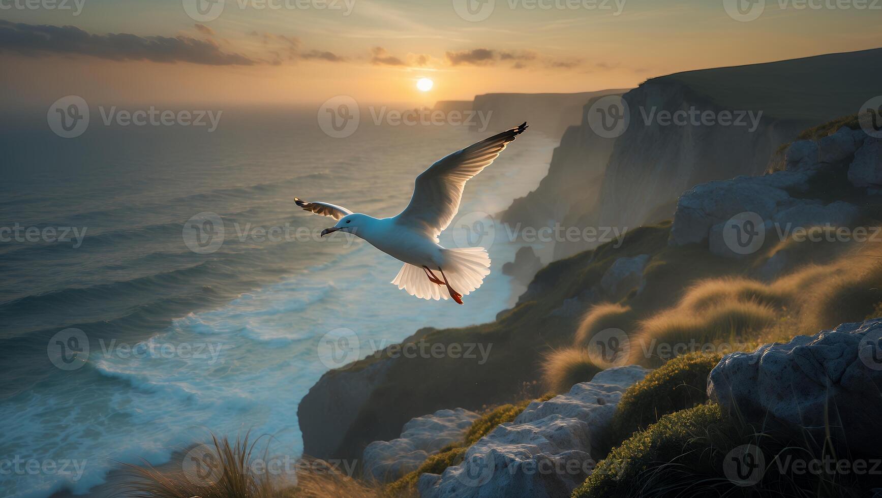 Seagull Flying Over Ocean Cliffs During Golden Sunset Hour photo