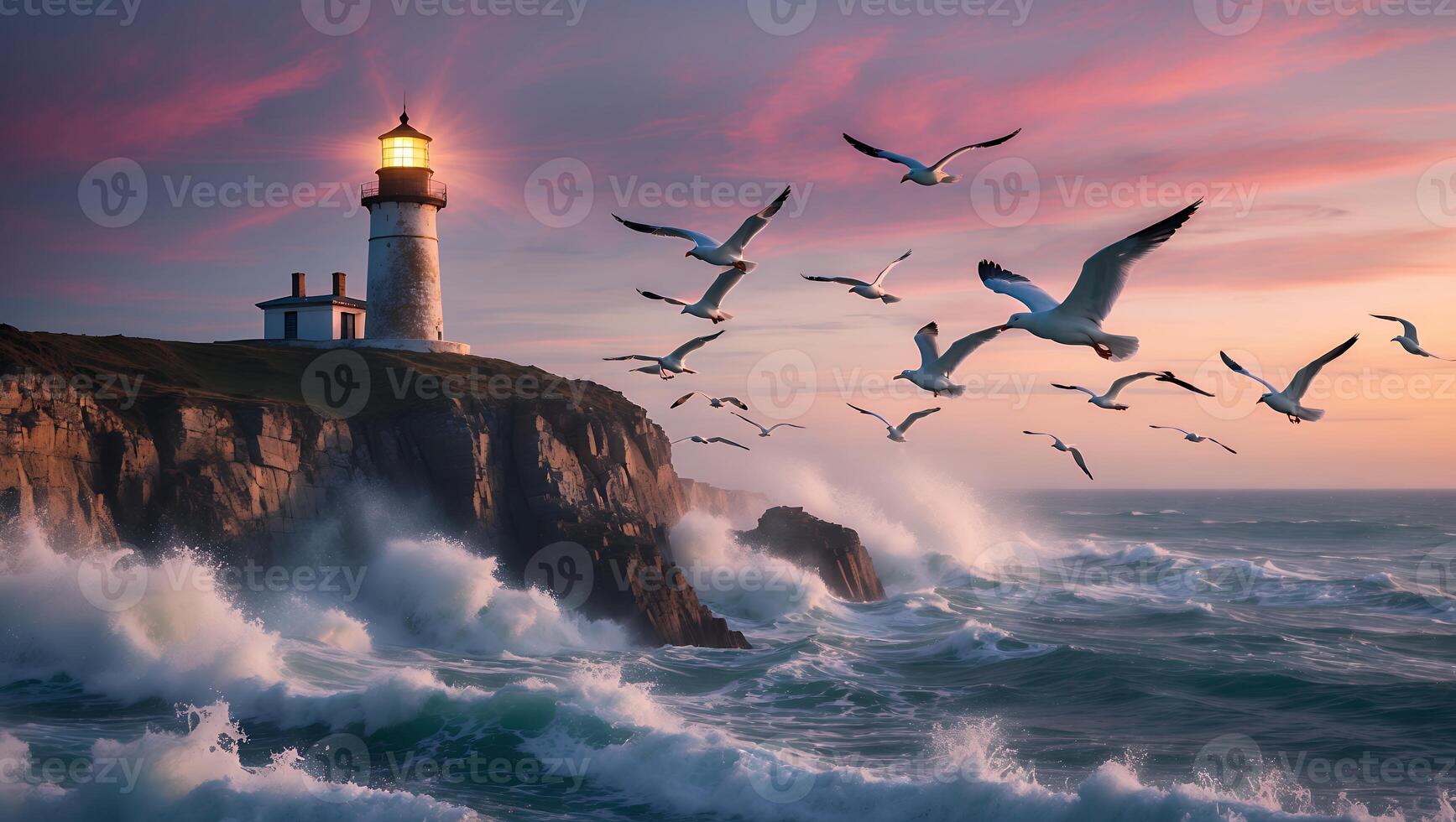 Lighthouse on Cliffside with Crashing Waves and Flying Sea Gulls photo