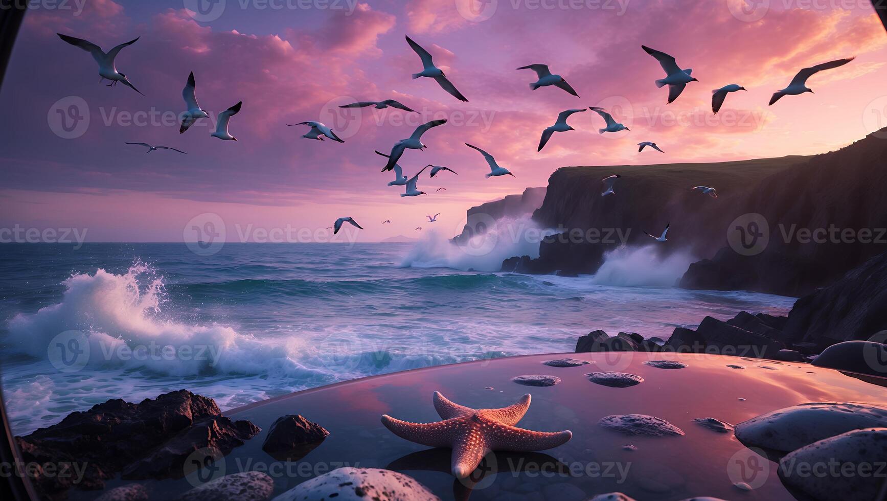 Seagulls Flying Over Crashing Waves with Starfish on Shiny Surface photo