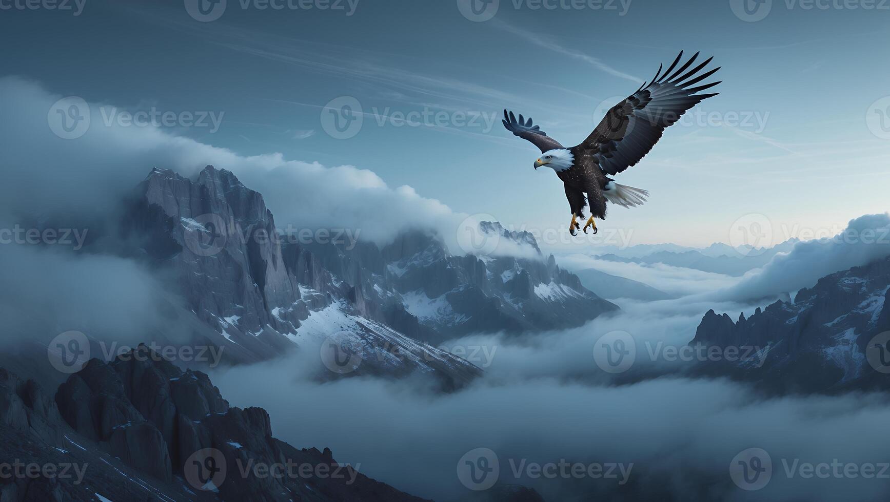 Eagle Soaring Above Misty Mountains and Clouds Majestic Flight Scene photo