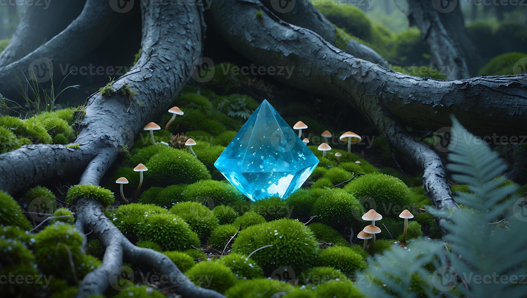 Glowing Diamond on Mossy Forest Floor with Mushrooms and Tree Roots photo