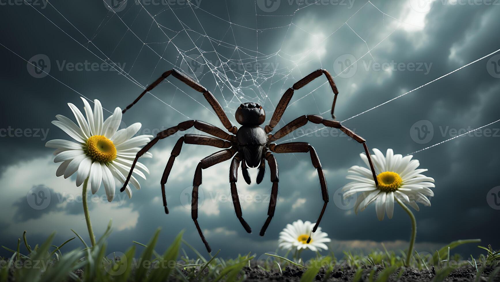 Spider on Web with Daisies in Field Against Moody Sky photo