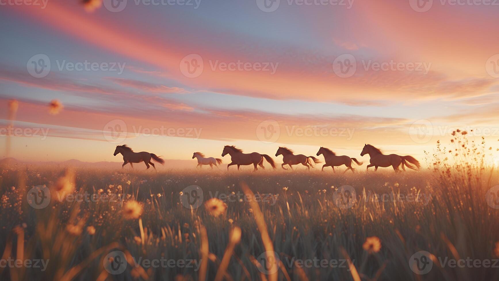 Horses Running Freely Through Grassy Field at Colorful Sunset photo