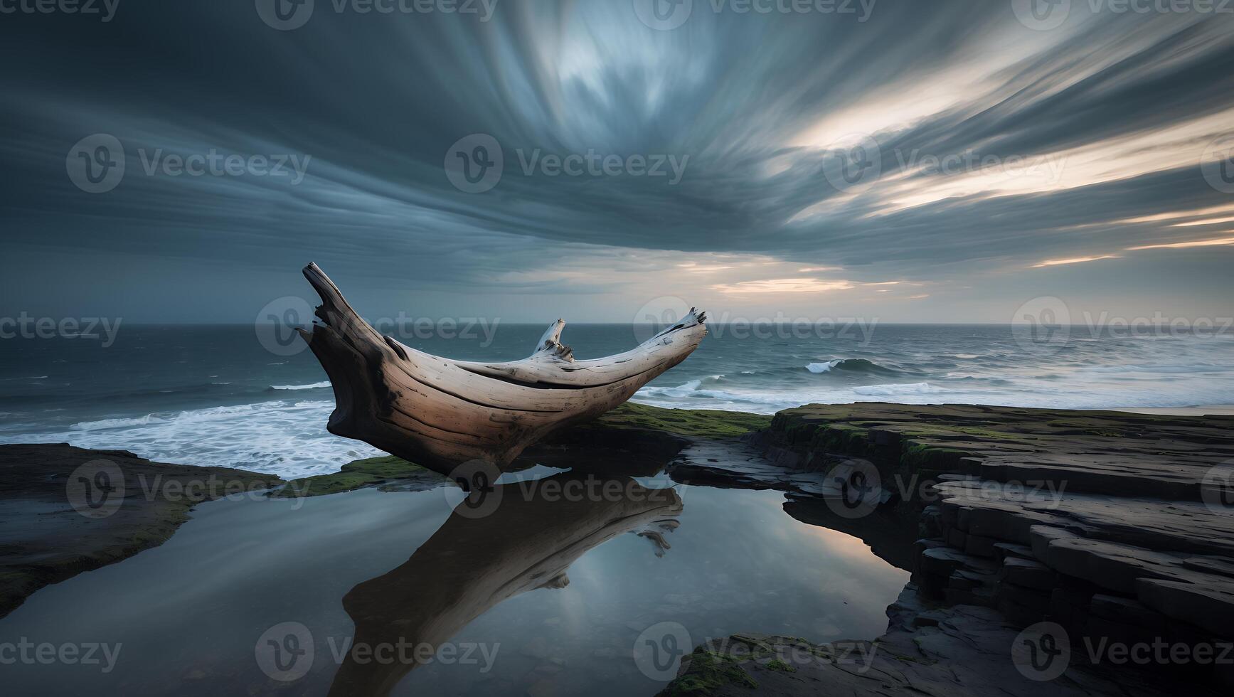 Driftwood Reflections on Coastal Rocks at Dusk with Dramatic Sky photo