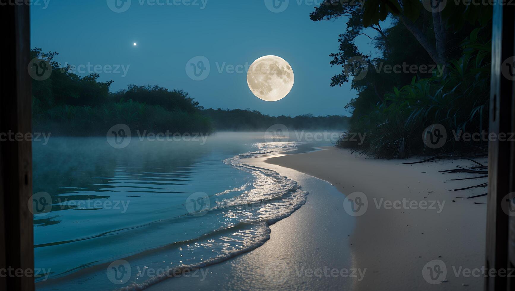 Full Moon Over Tropical Beach Waters Seen From Window View photo