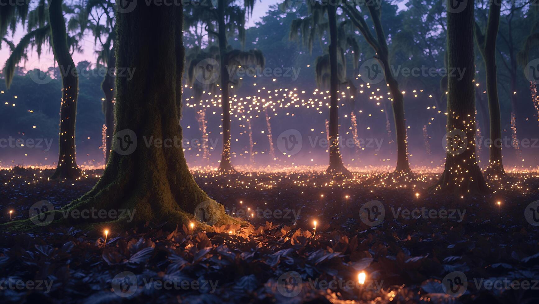Glowing Lights Illuminate Dark Forest Floor at Twilight Creating Magical Atmosphere photo
