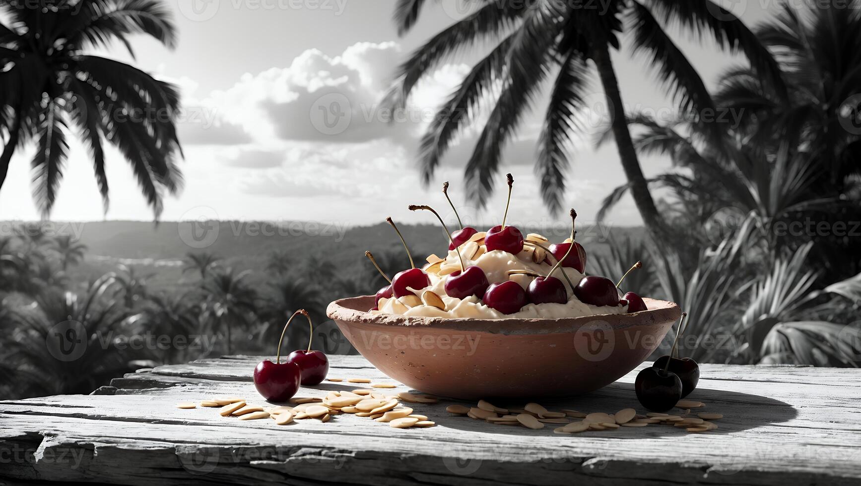 Serving Cherries with Cream and Almonds on Rustic Table with Palms photo
