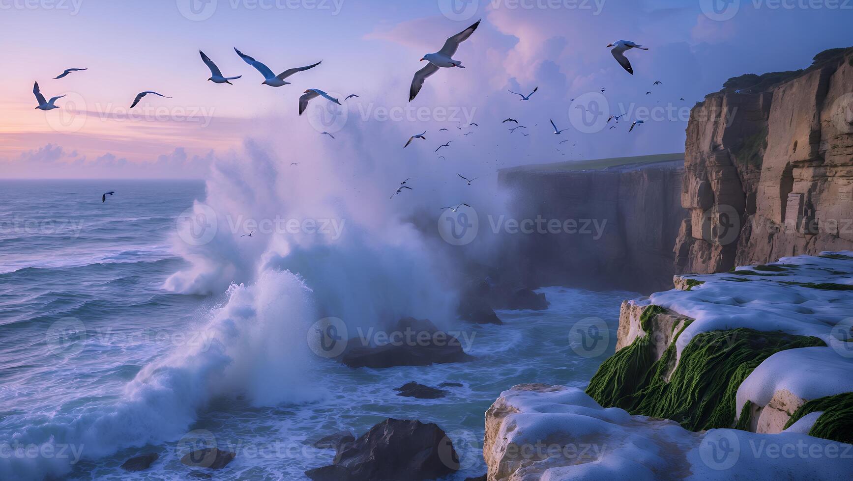 A group of seagulls flying over a cliff with a wave crashing into it photo