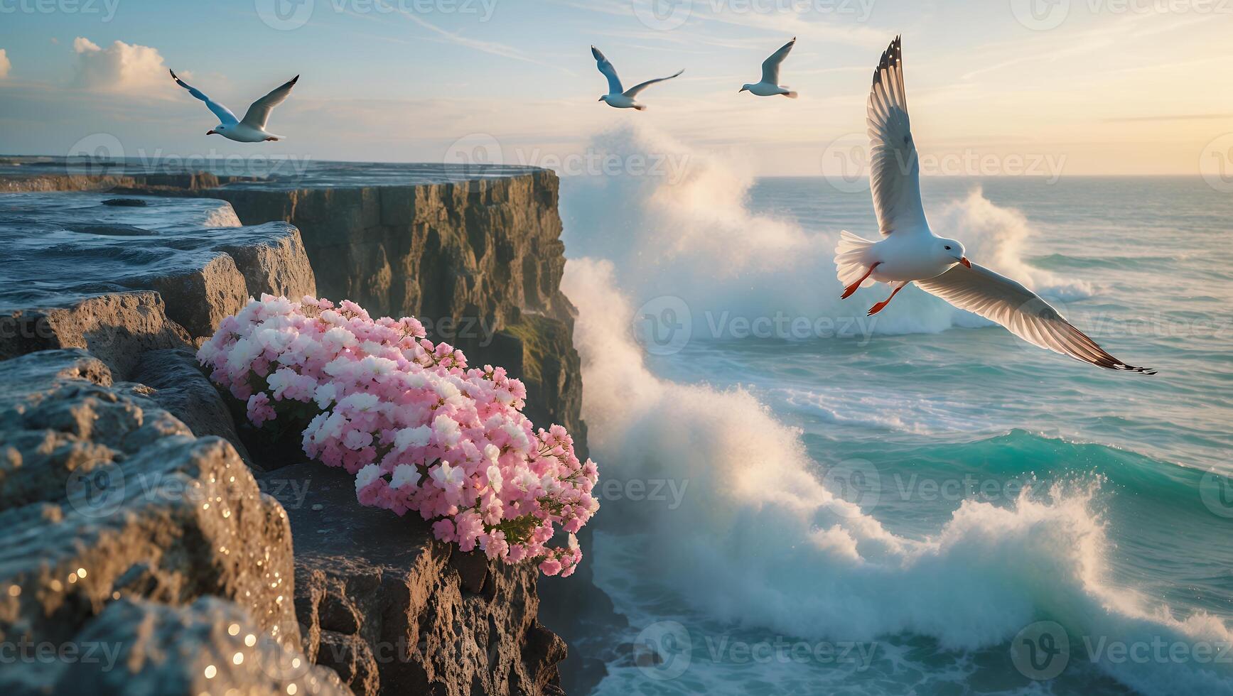 Seagulls Flying Over Cliffside with Flowers and Crashing Waves at Sunset photo