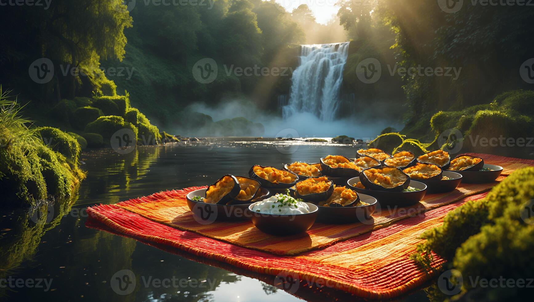 Squash Dinner by Waterfall Laid Out on a Floating Picnic photo