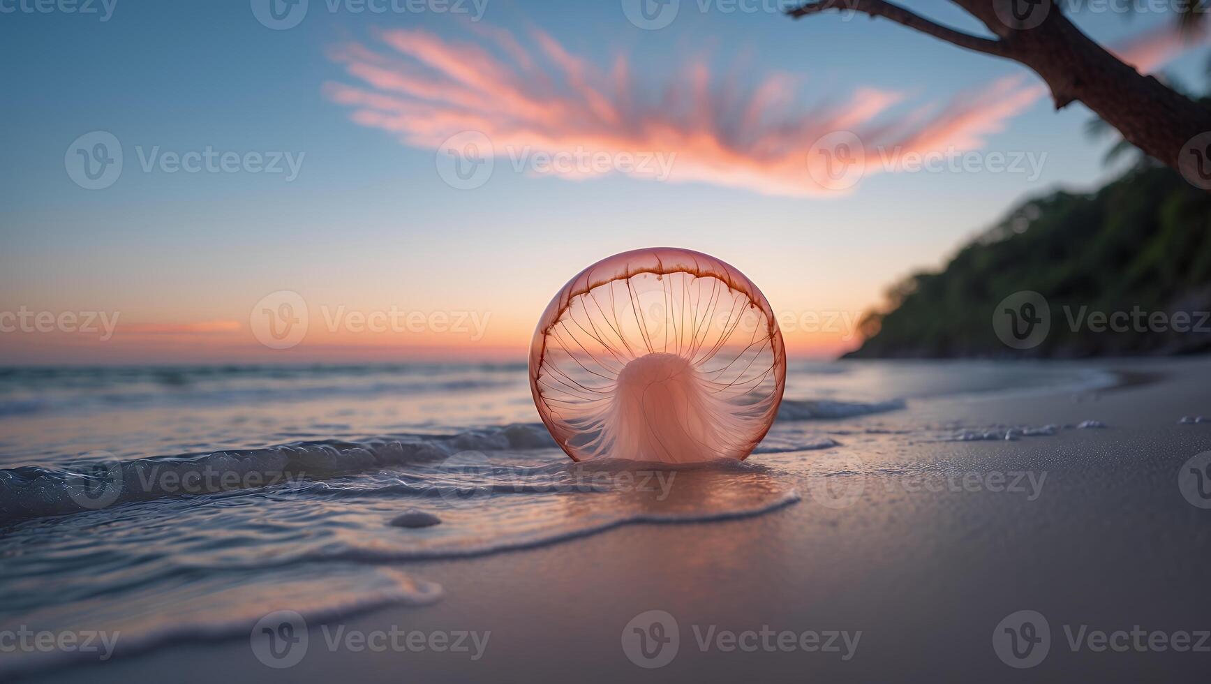 Seashell on Beach at Sunset with Warm Light and Gentle Waves photo