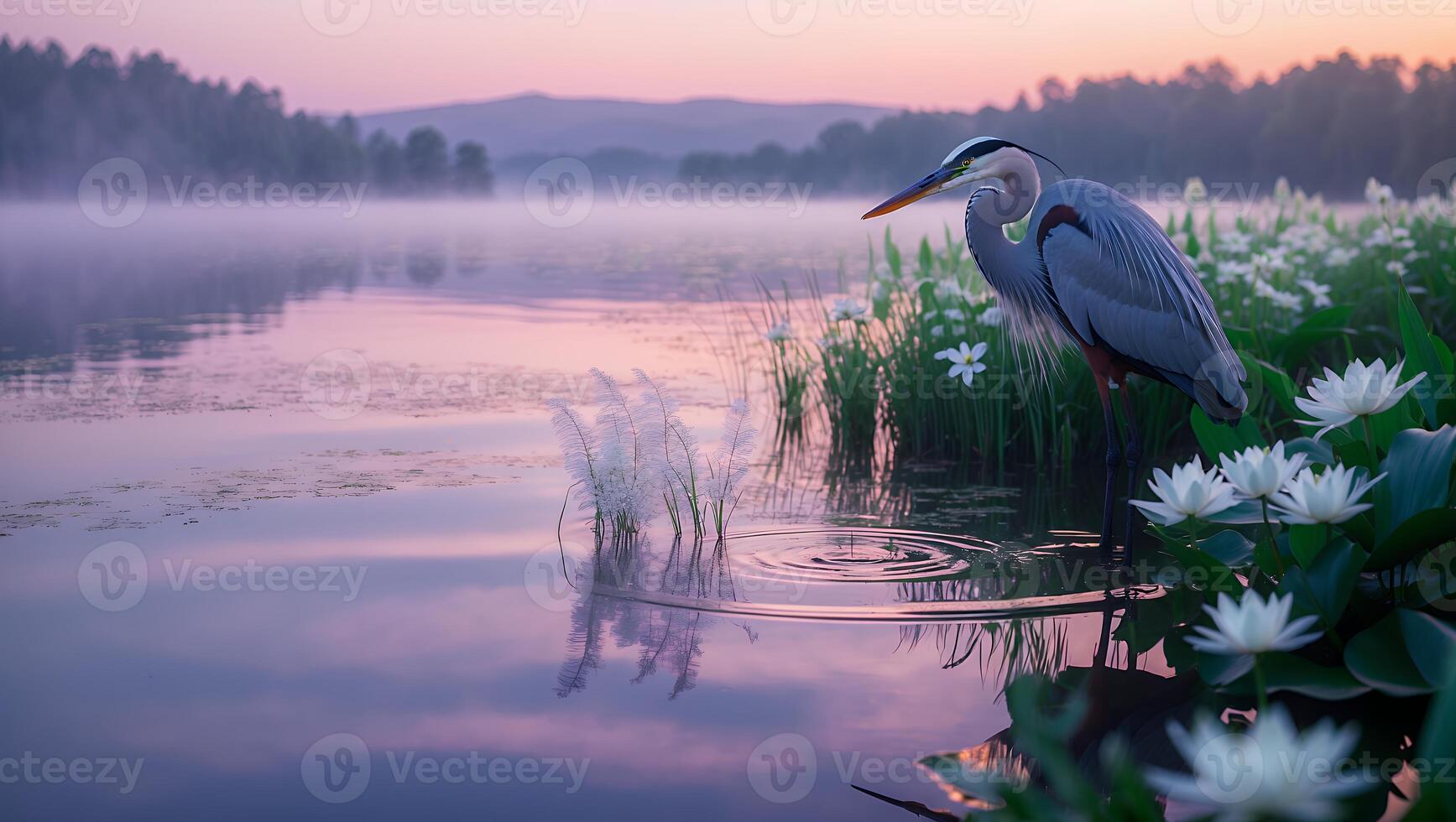 Heron Standing in Water with Water Lilies at Dusk Serene Scene photo