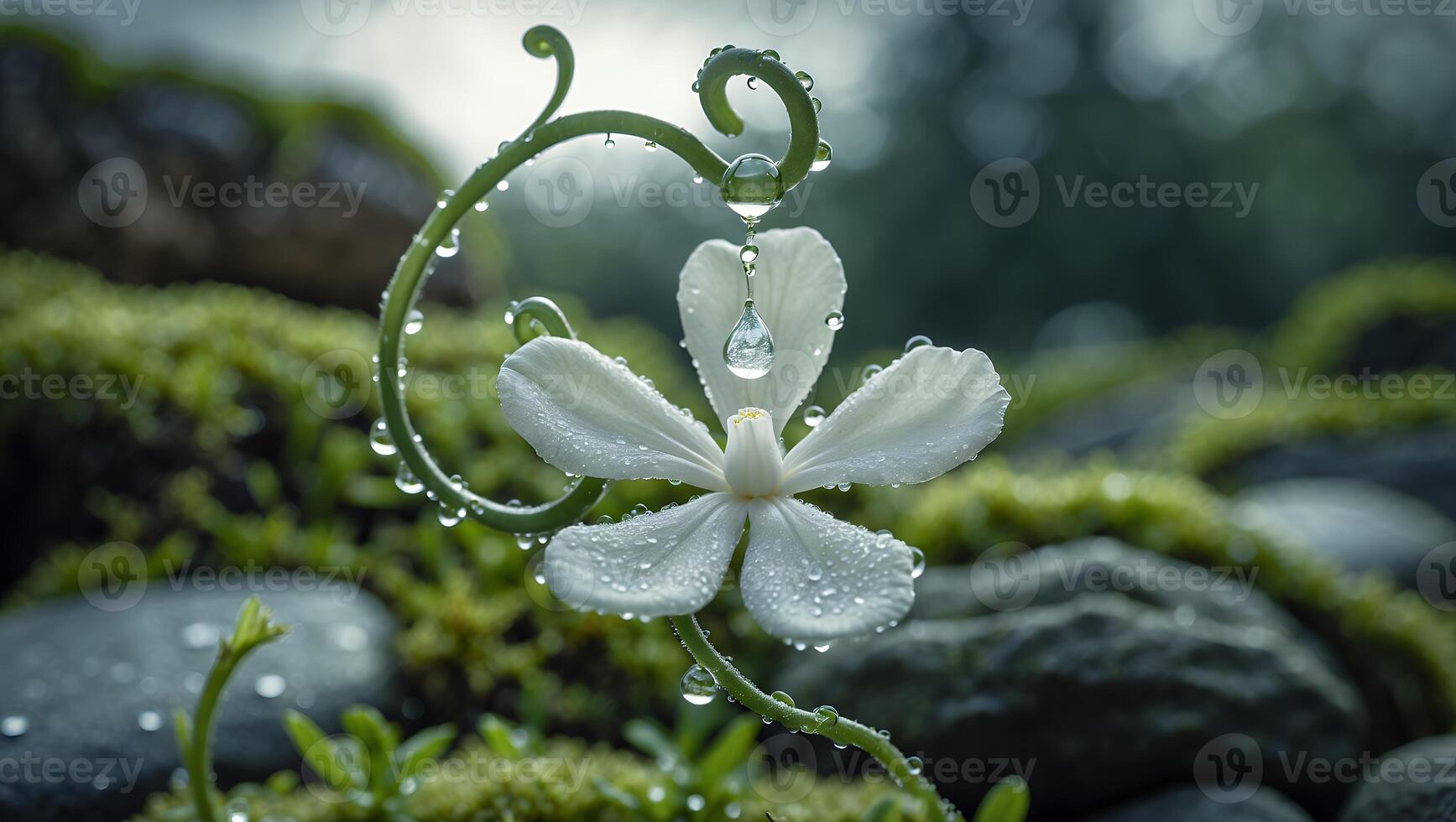 White Flower with Water Droplets in Lush Mossy Garden Setting photo