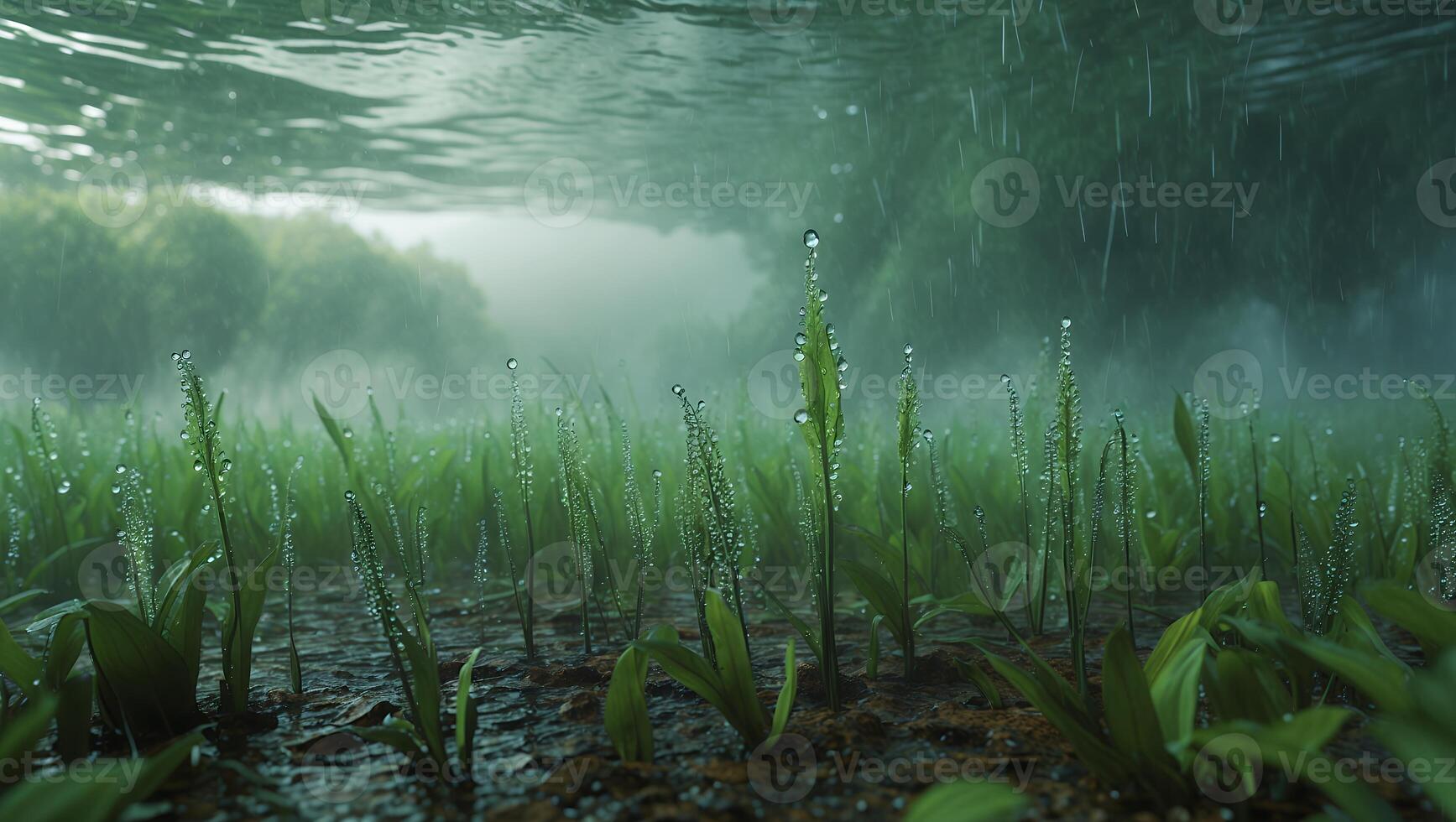 Undersea Grass Field with Rain Falling Above Water Surface photo