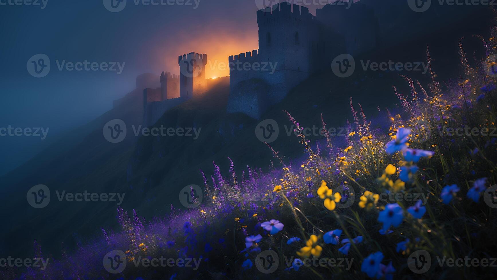 Castle on Hill at Twilight with Fog and Wildflowers in Foreground photo