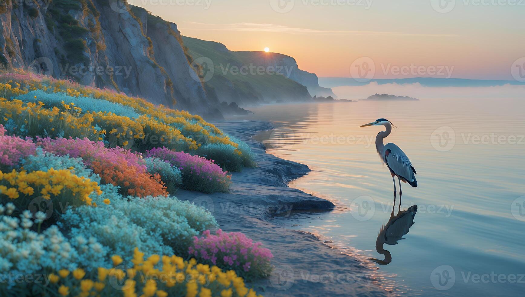 Heron Stands in Calm Water with Coastal Flowers at Sunrise photo
