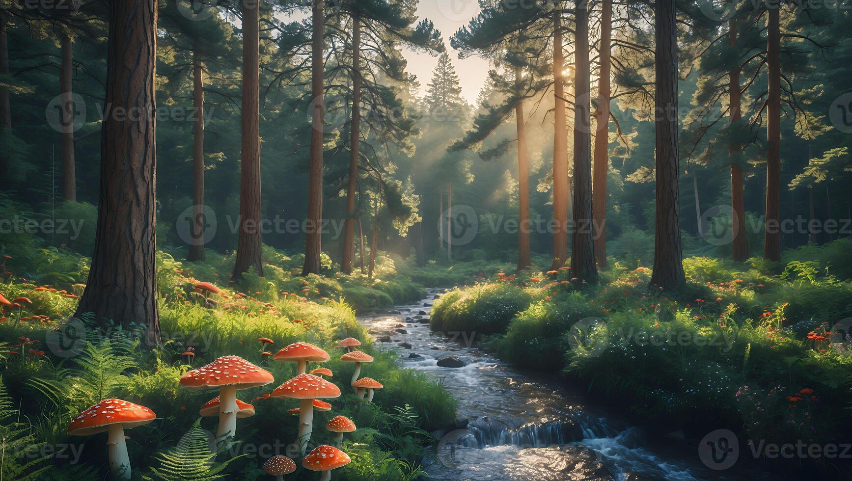Mushroom Meadow by Forest Stream Bathed in Sunlight Creates Magical Atmosphere photo