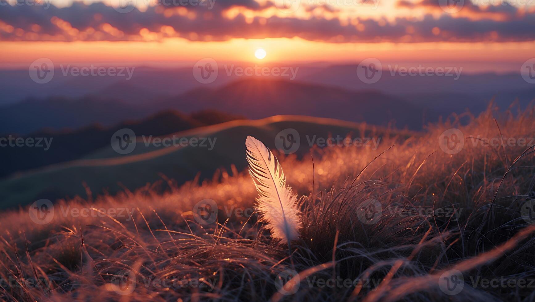 Feather in Grass at Sunset with Mountain Views and Warm Light photo