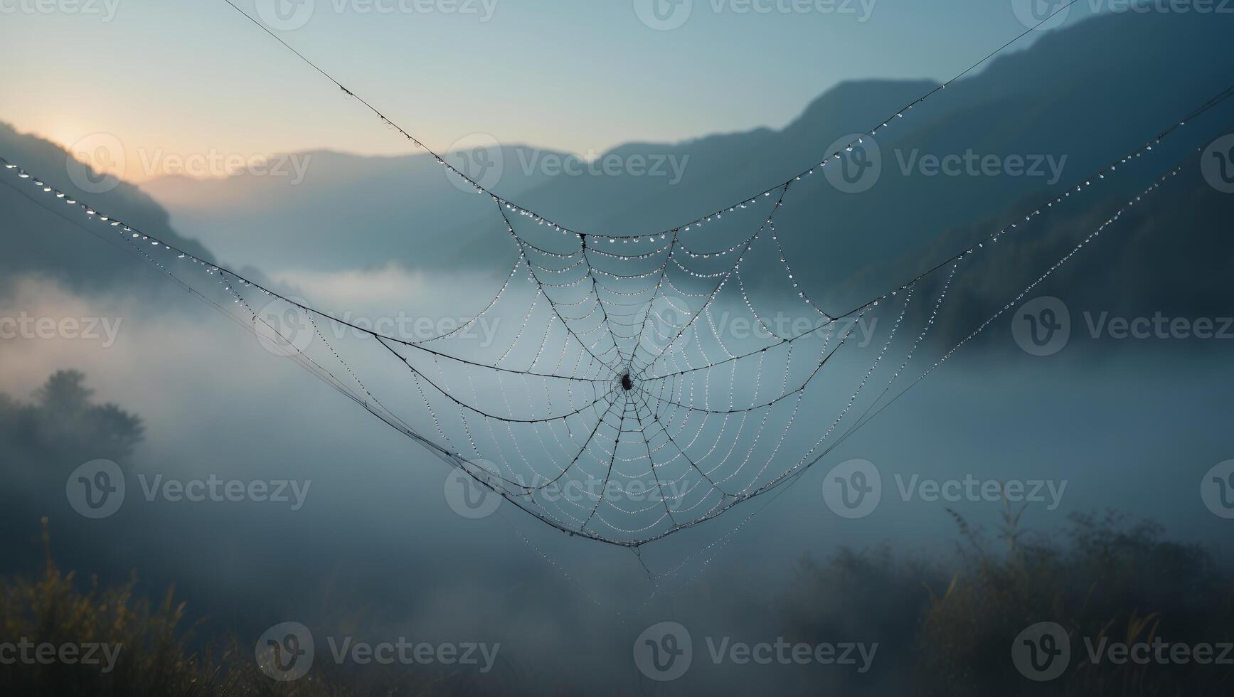Spiderweb with Water Droplets in Misty Mountain Landscape at Dawn photo