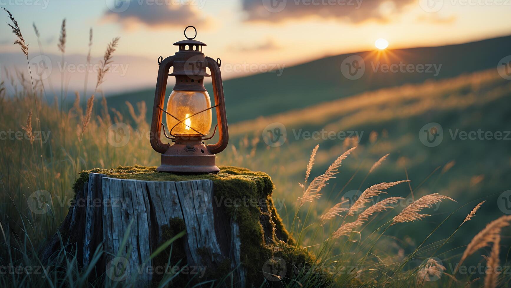 Illuminated Lantern on Mossy Stump in a Grassy Field at Sunset photo