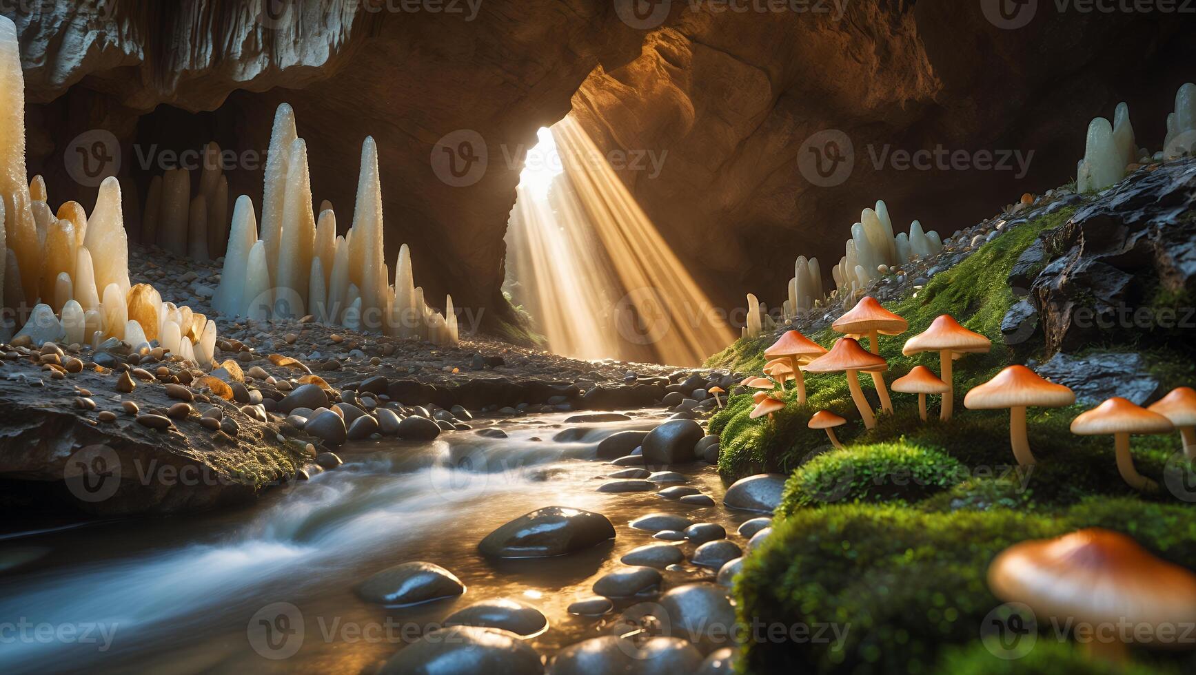 Tranquil Stream Flows Through Sunlit Cave with Mushrooms and Formations photo