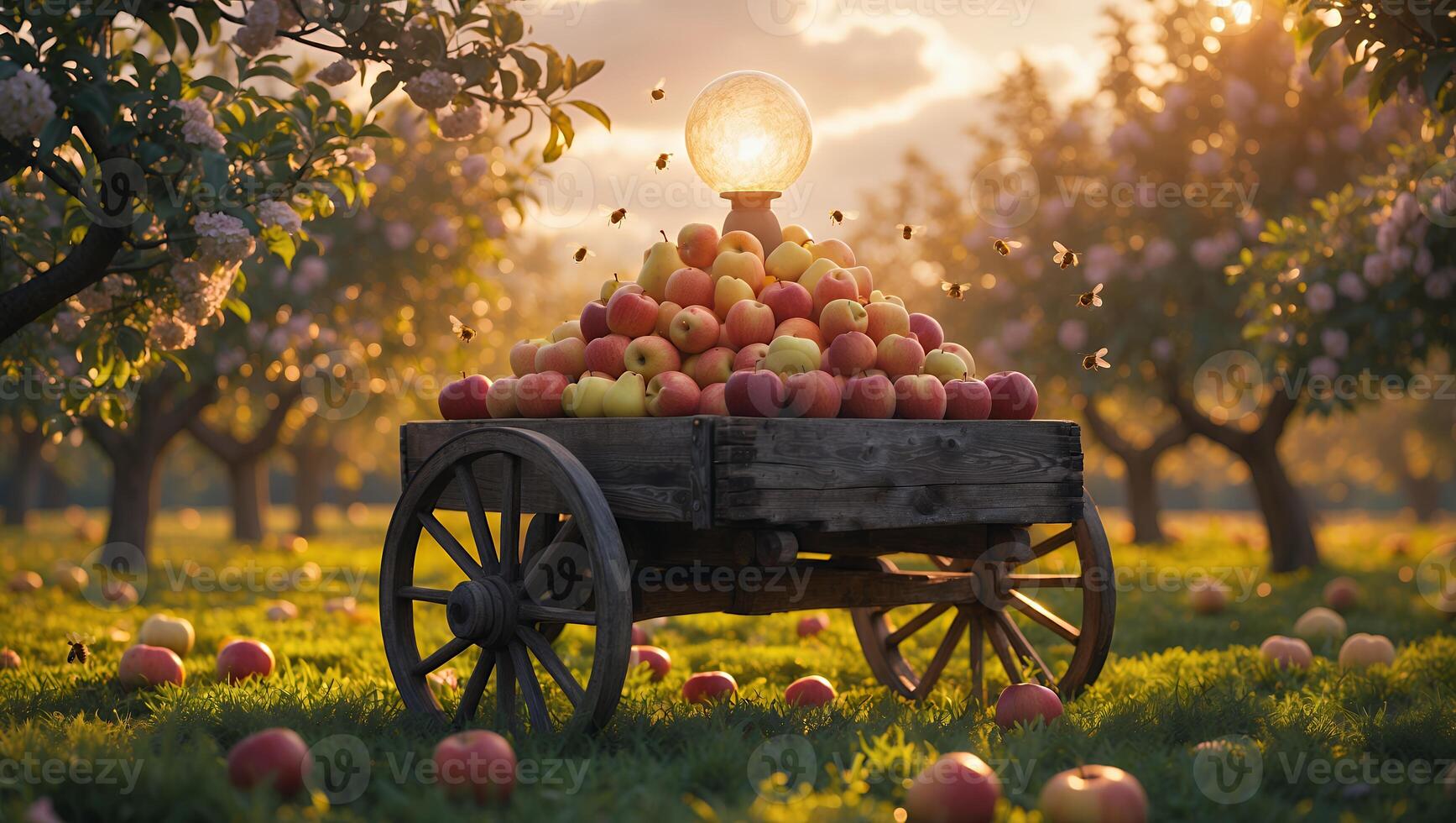 Harvesting Apples in Orchard with Cart and Warm Sunlight Glow photo