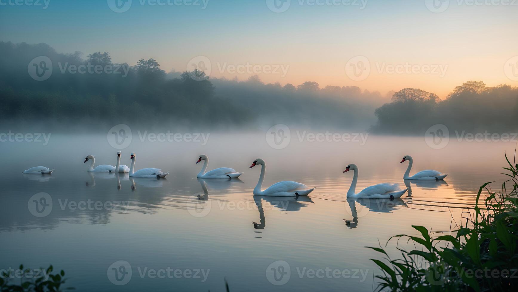 Swans Swimming in Foggy Lake at Dawn with Reflections photo