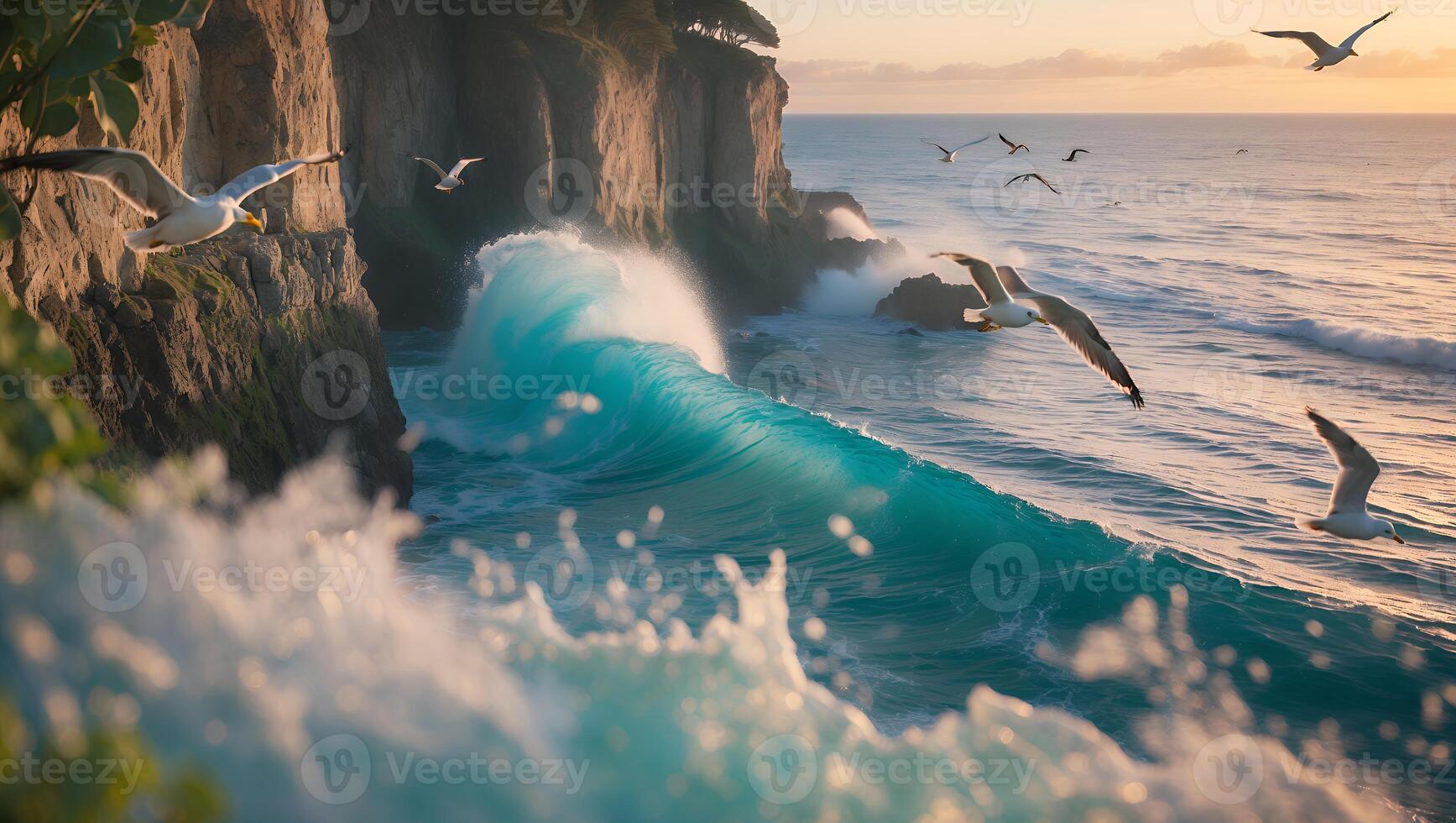 Crashing Wave at Rocky Coast with Flying Seagulls at Sunset photo