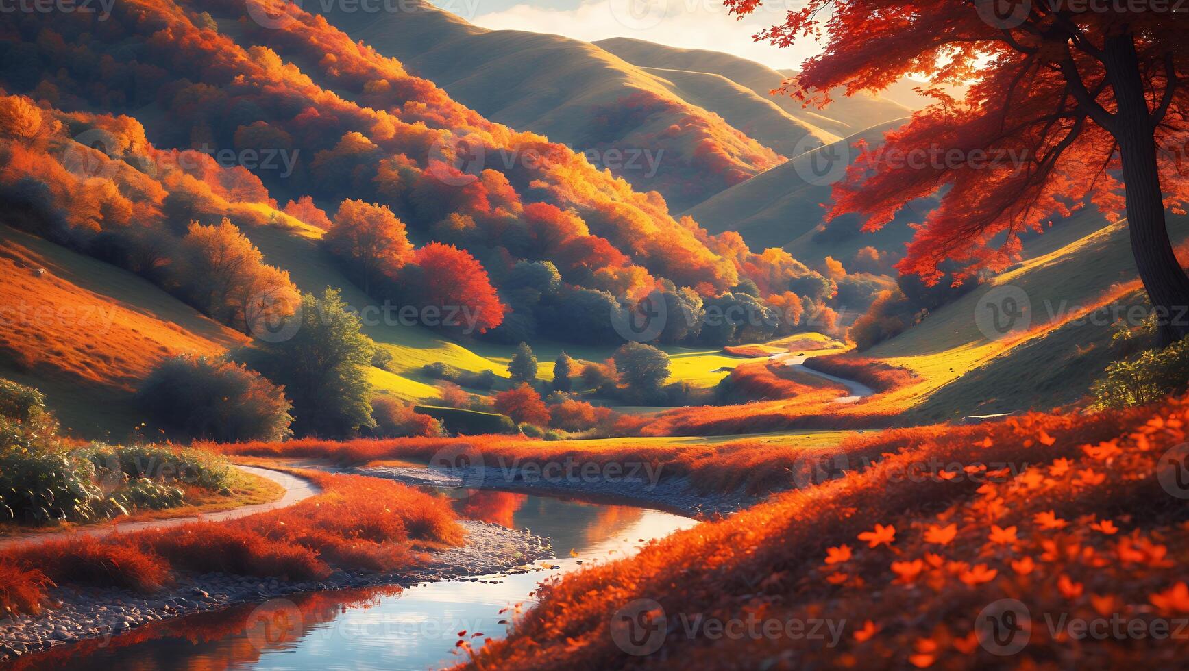 Autumn River Landscape with Colorful Trees and Hills in Valley photo