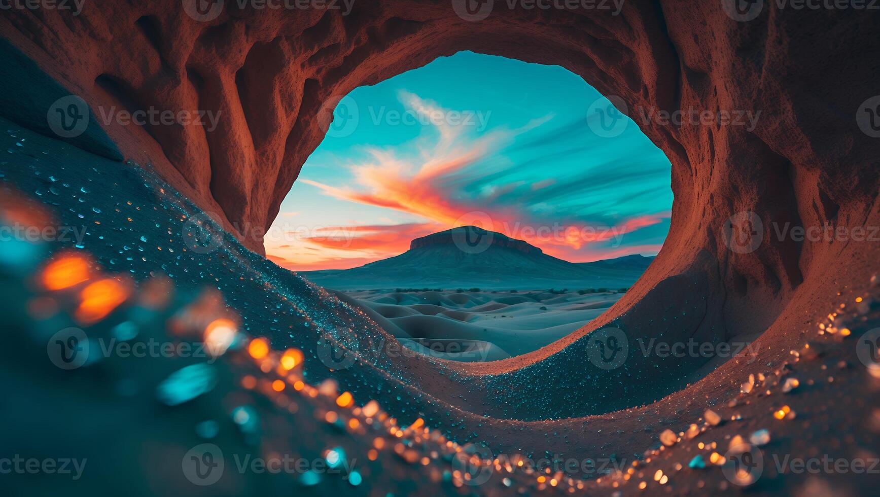 Viewing Distant Mountain Through Rock Cave Opening with Desert Landscape photo