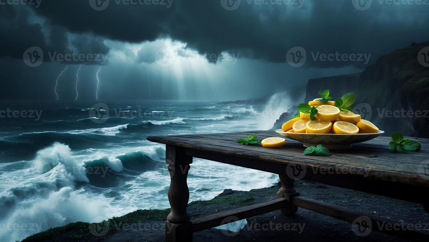 Lemons and Mint on Wooden Table Overlooking Dramatic Ocean Storm photo