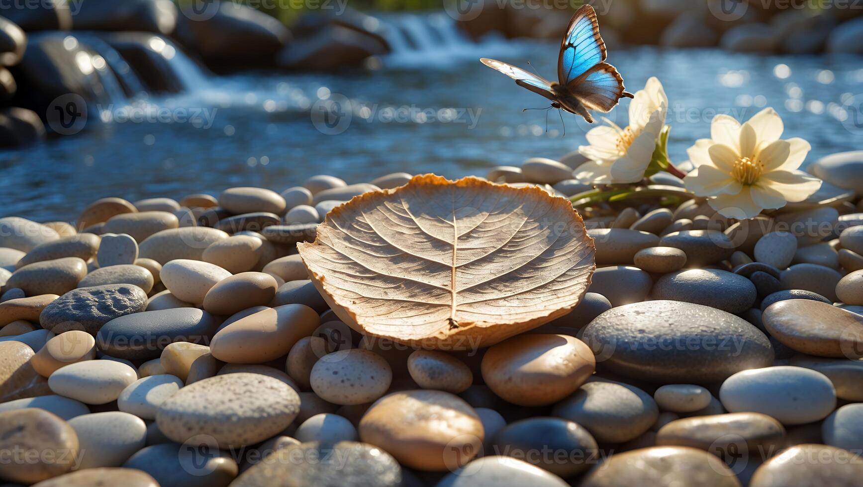 Relaxing River Scene with Pebble Stones, Leaf, Butterfly and Flowers photo