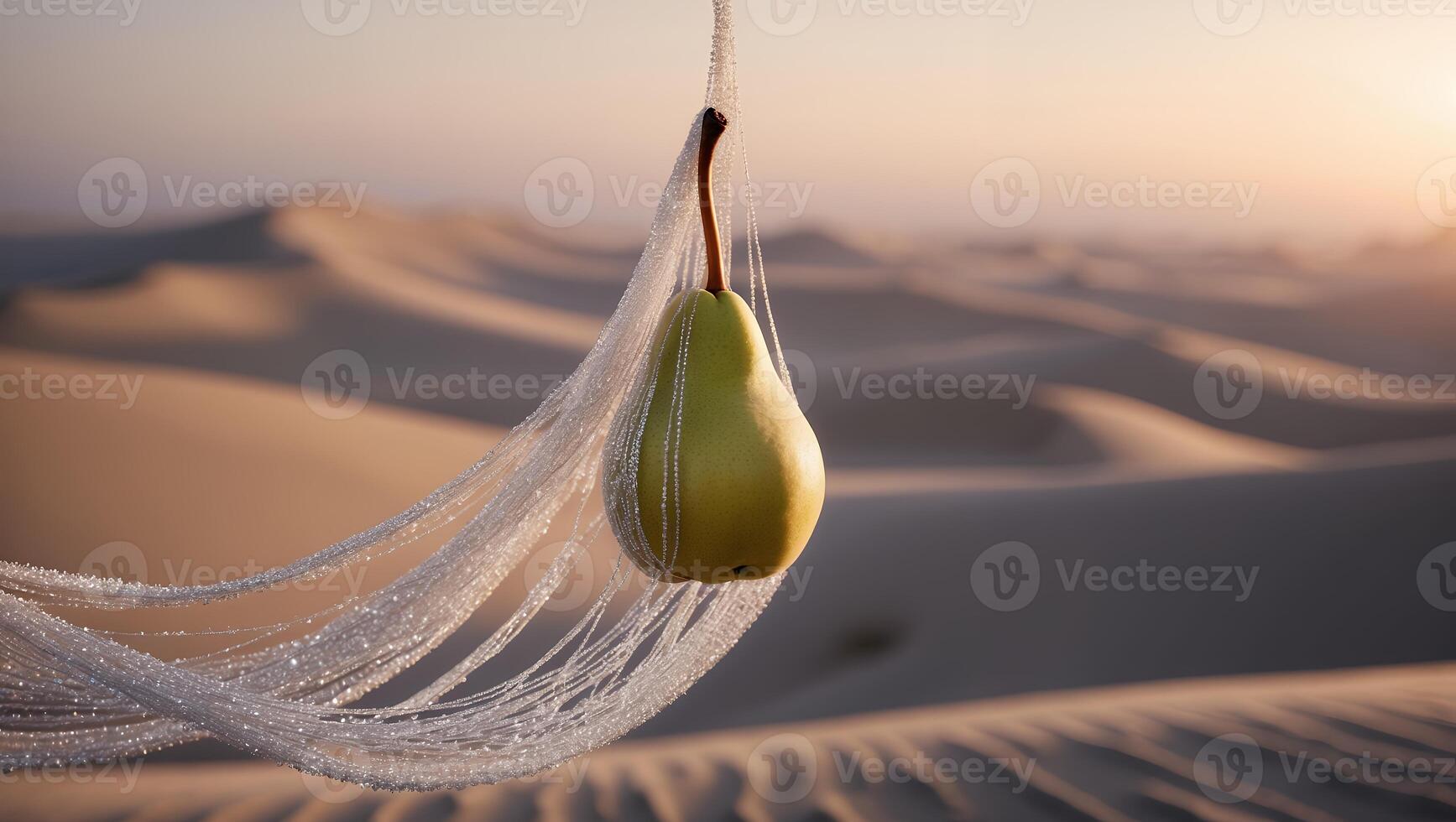 Hanging Pear in a Sparkling Net with Desert Landscape Backdrop photo