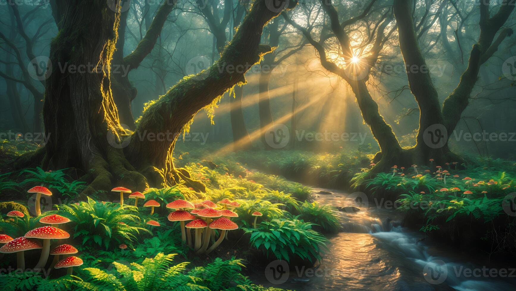 Sunlight Streaming Through Enchanted Forest with Stream and Mushrooms photo