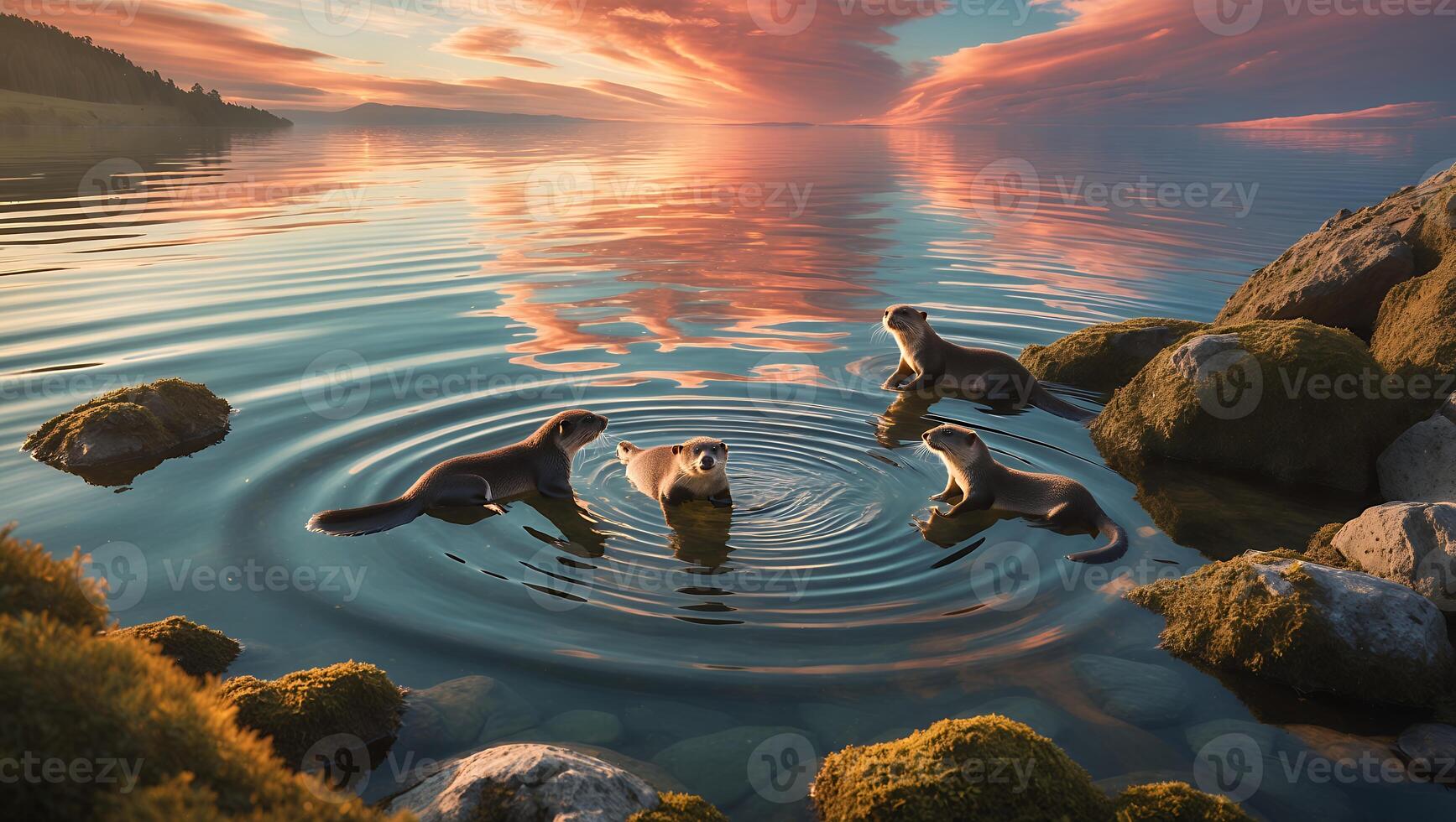 Otters Swimming in Calm Lake Water Reflecting Colorful Sunset Sky photo
