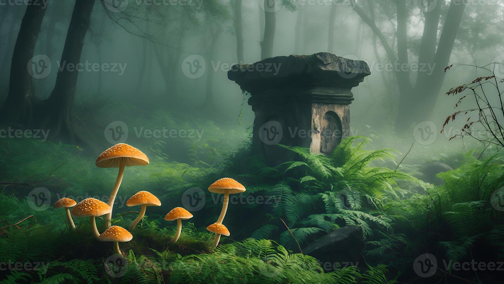 Mushroom Growing Near Stone Structure in Foggy Forest photo