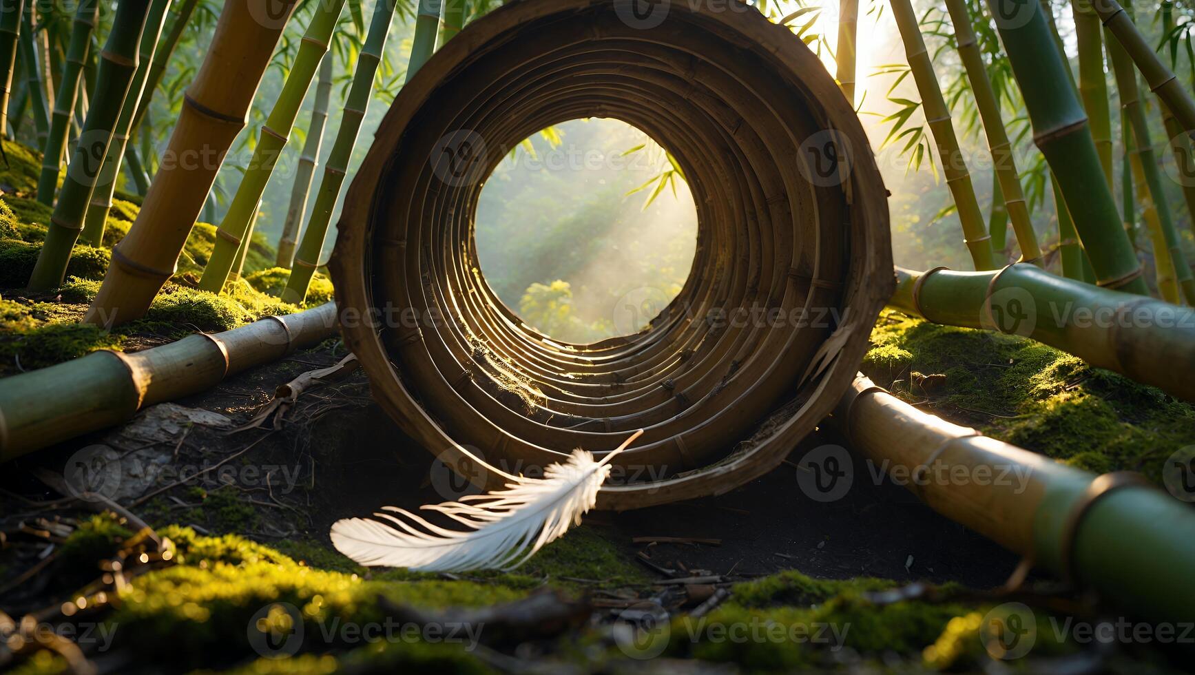 Feather in Bamboo Forest with Sunlight Shining Through Hollow Log photo