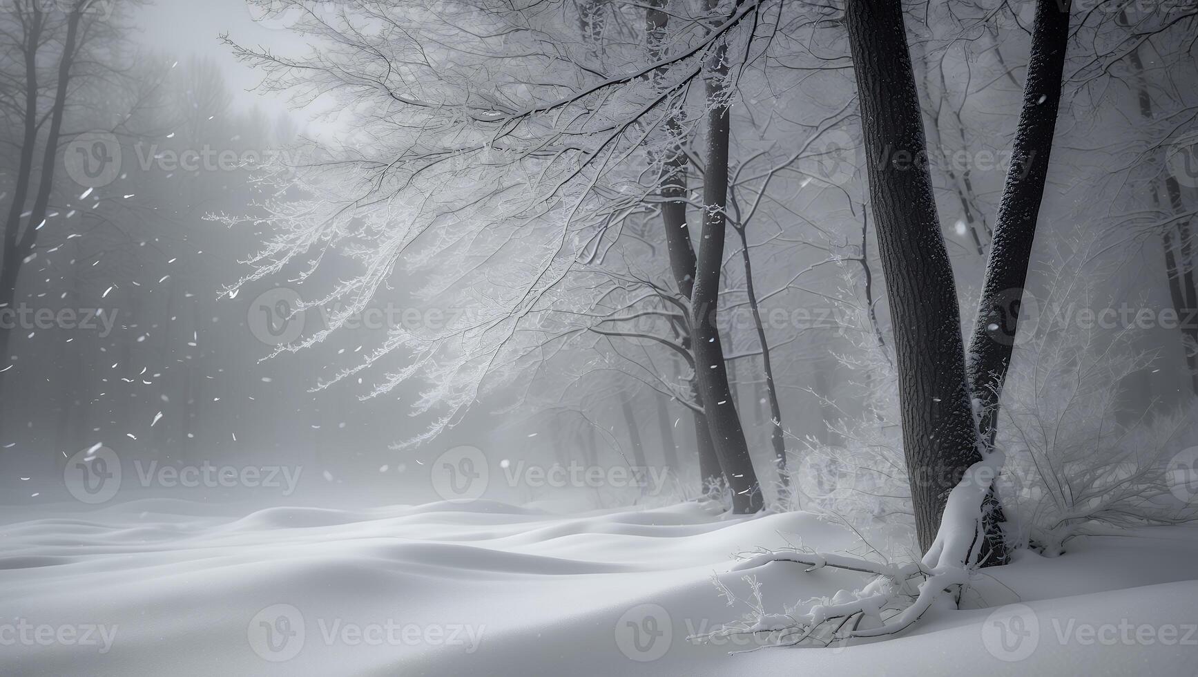 Snow Falling in Winter Forest with Trees and Overcast Sky photo