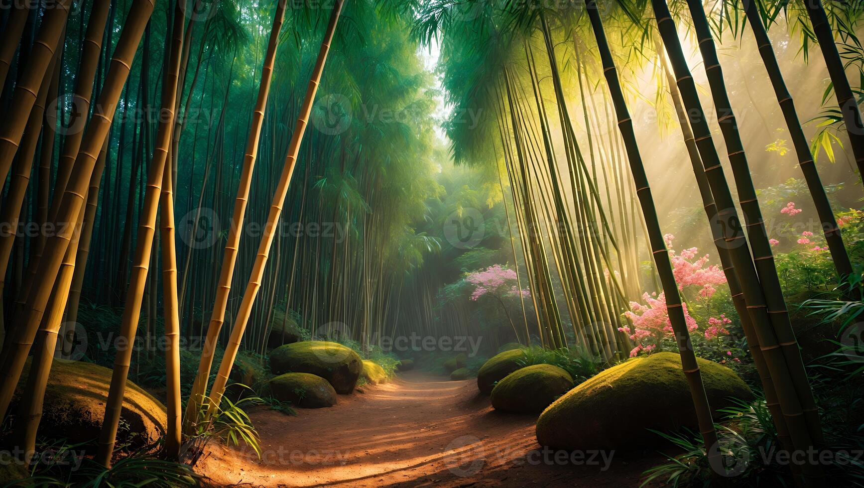 Walking Path Through Bamboo Forest with Sunlight and Mossy Rocks photo