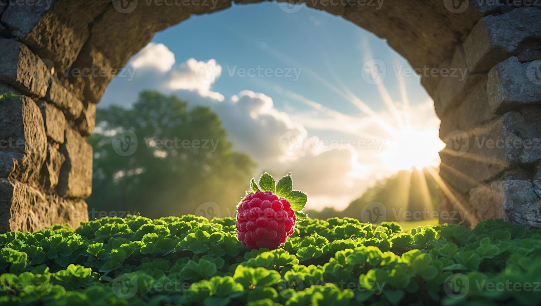 Ripe Raspberry on Lush Green Ground with Stone Arch and Sunlight photo