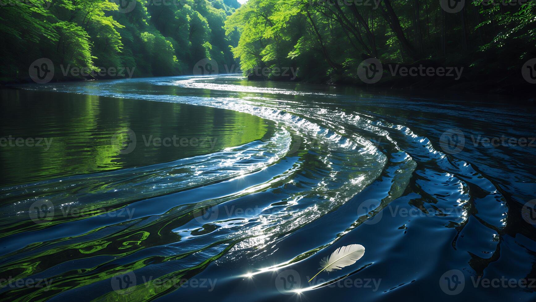 River Flowing Through Green Forest with Feather Floating on Water photo
