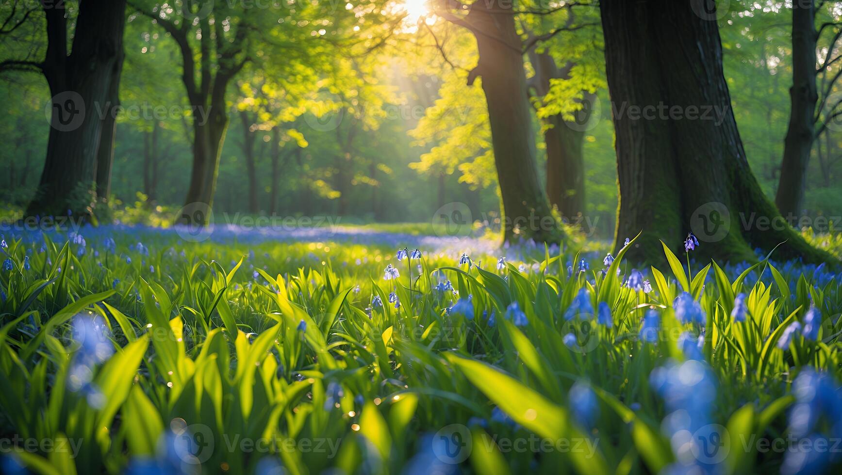 Walking Through Meadow with Bluebells and Trees During Sunlit Spring photo