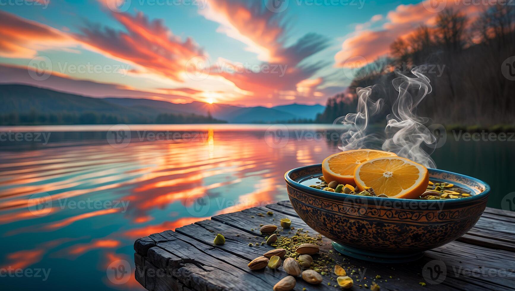 Bowl with Orange and Nuts at Lakeside Sunset with Reflections photo