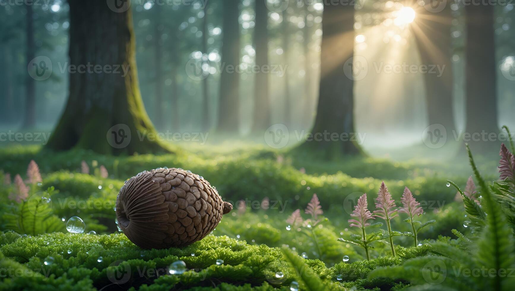 Pinecone Rests on Moss in Serene Forest with Sunlit Fog photo