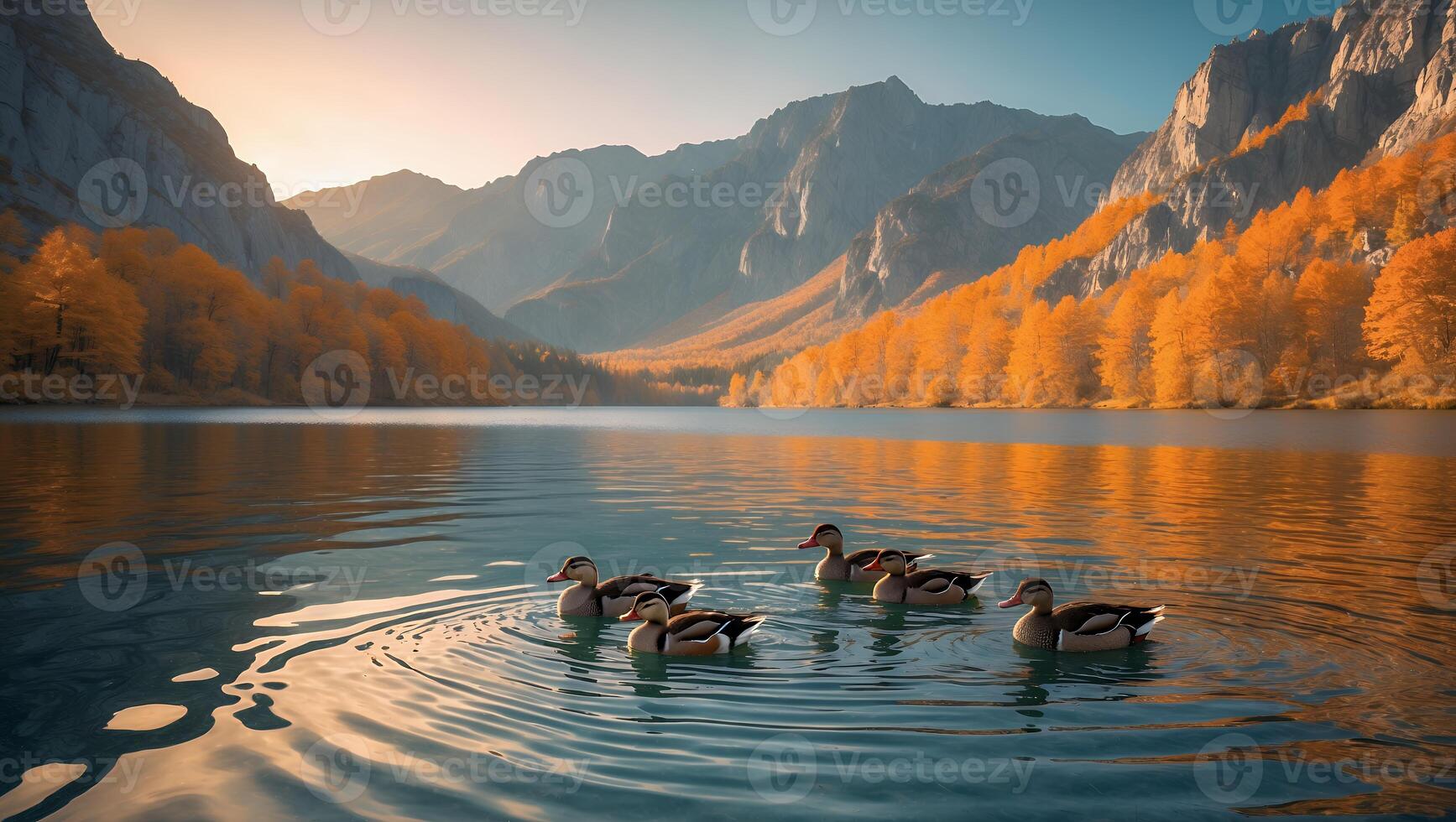 Ducks Swimming on Calm Lake Surrounded by Mountains and Autumn Trees photo