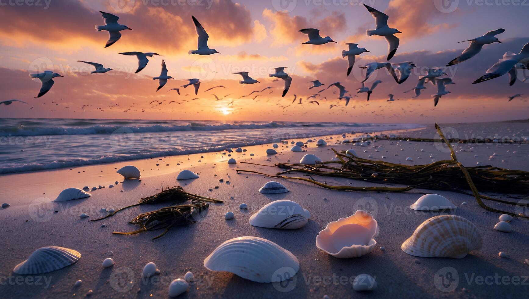 Seagulls Fly Over Shells on Beach at Sunset with Colorful Sky photo